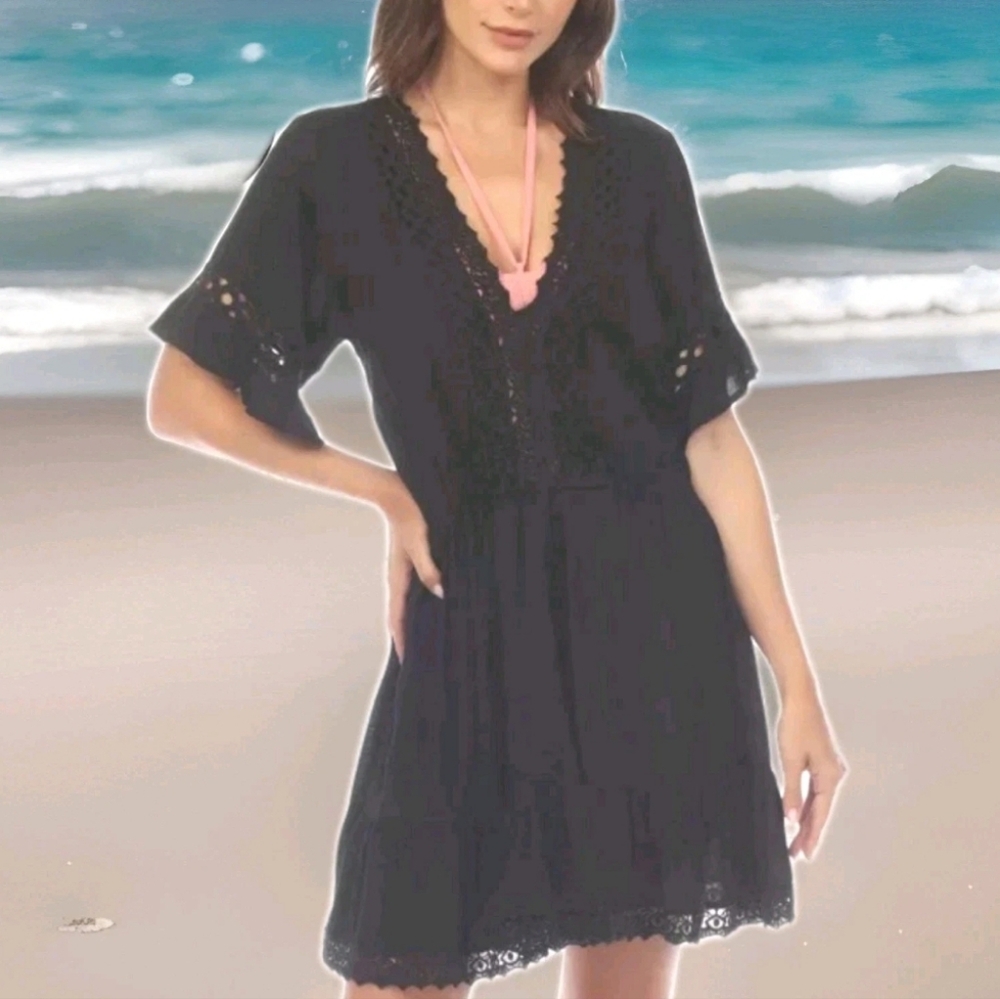 Raviya Craftan Resort Cover-up Tiered Dress 1X Black Crochet Eyelet V-Neck Nwt